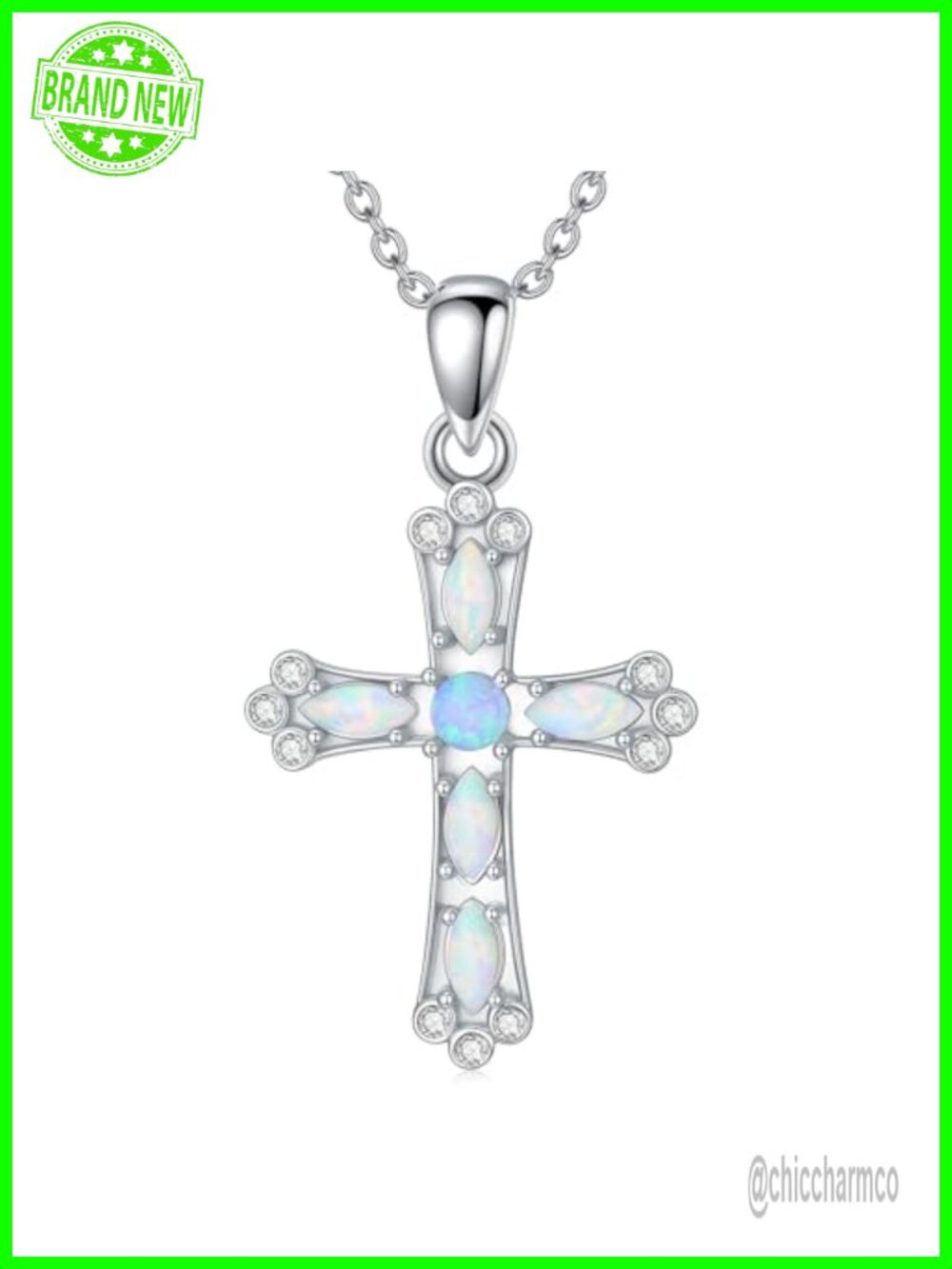 925 Sterling Silver Opal Diamond Cross Pendant Necklace 18+2in Adjustable